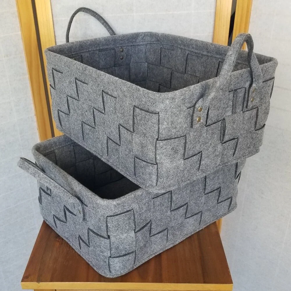 Large Flannel Felt Basket with Handle Gray Woven Set of Two 15
